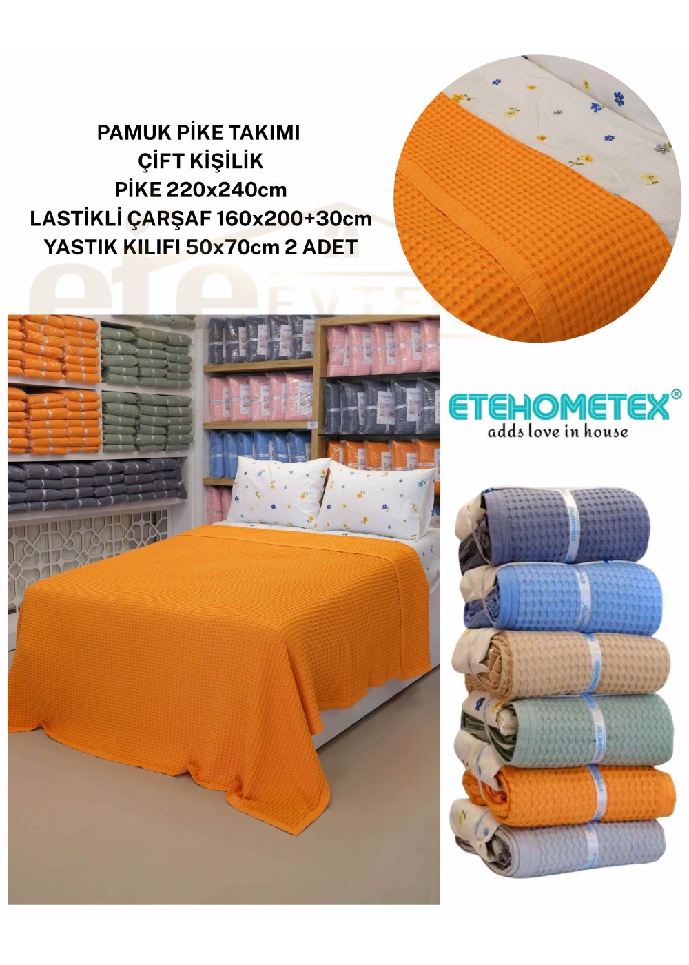 ETEHOMETEX ÇİFT KİŞİLİK %100 PAMUK HAVUZLU PİKE TAKIMI TURUNCU 8696474232074